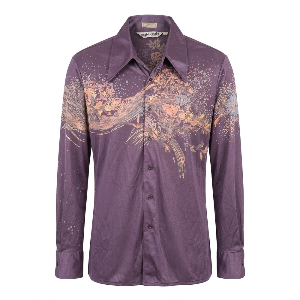 Vintage Nik Nik Purple Floral Graphic Disco Shirt 1970s Nylon Made in Italy L
